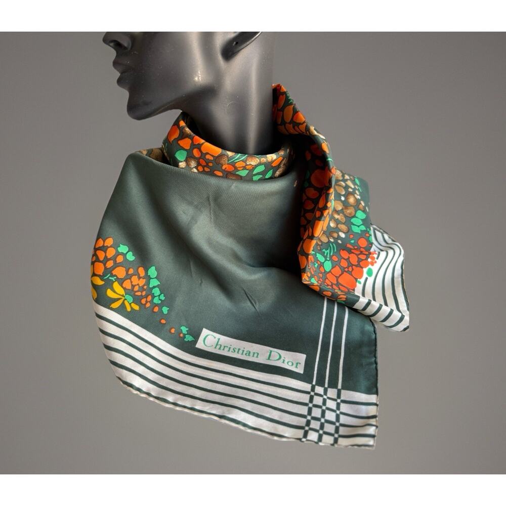 Vtg CHRISTIAN DIOR Silk Scarf Green Orange Floral Nature Theme Pebbles France